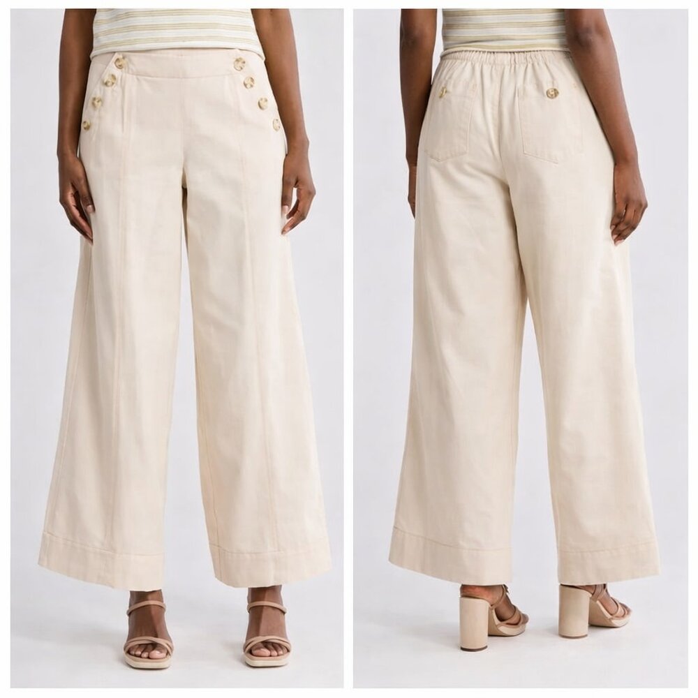 DEMOCRACY Herringbone Sailor Cotton Wide Leg Cream Button Detail Pants Sz M NEW